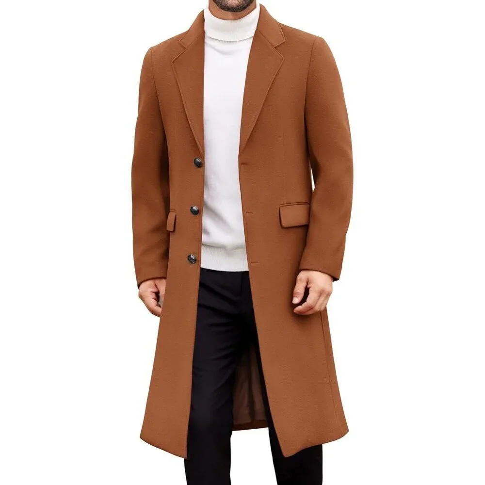 Men's Brown Trench Coat Long Casual Notched Collar Wool Blend Pea coat